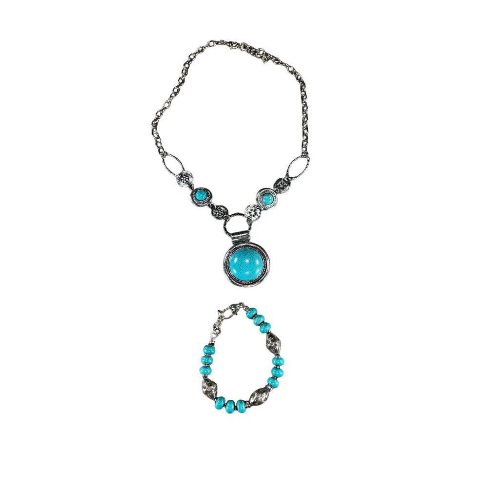 Turquoise Silver-Tone Necklace & Bracelet Jewelry Set With Ornate Detailing